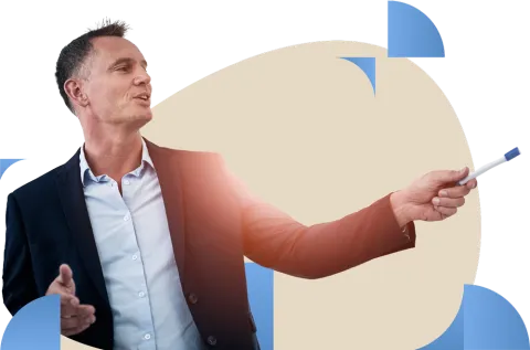 Business professional in white shirt gesturing with pen against beige circular background