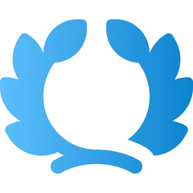 Light blue circular laurel wreath logo forming a symmetrical design