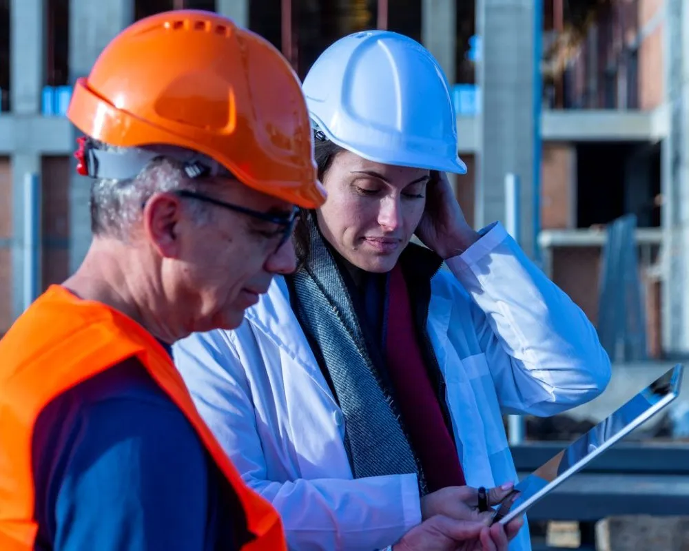 Two people wearing hard hats on a building site read about the 5 case business model on a tablet.