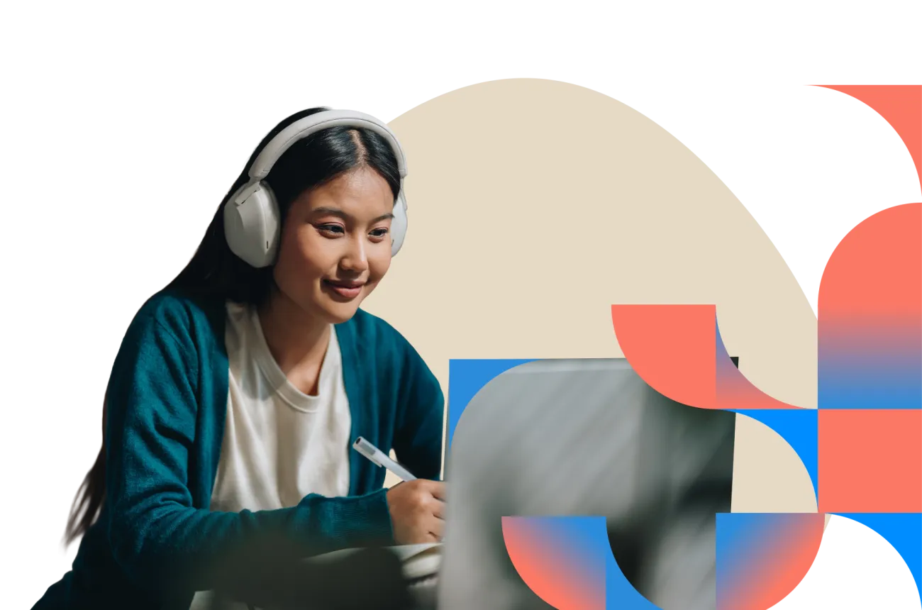 Smiling woman wearing headphones, writing on a notebook with geometric shapes around