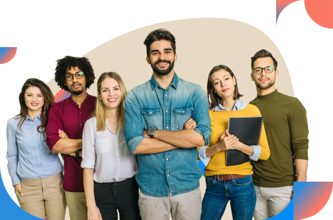 Six diverse young professionals smiling and standing together in casual office setting