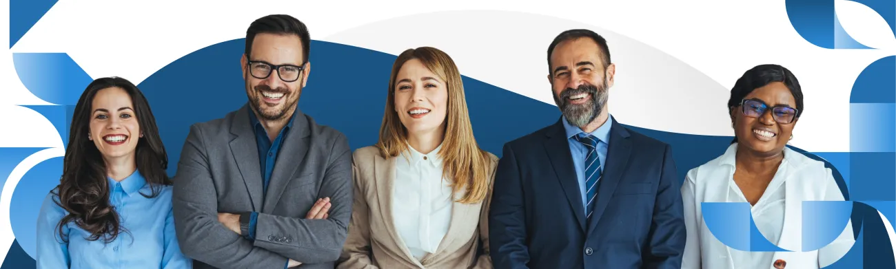 Five individuals of various genders and races in business wear stand together smiling against a background of blue and grey geometric shapes.