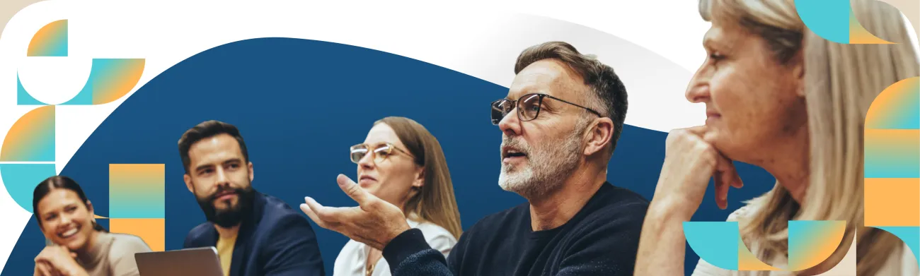 Five people from different orgnaizations are seated listening to one of them speaking against a background of blue and yellow geometric shapes.