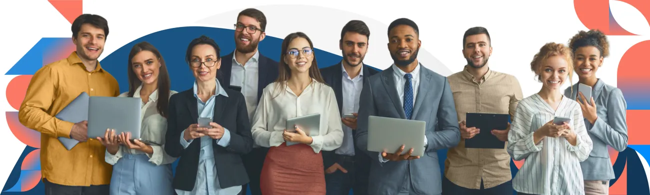 A large group of smiling Public Sector workers stand holding various devices against a background of blue and red geometric shapes
