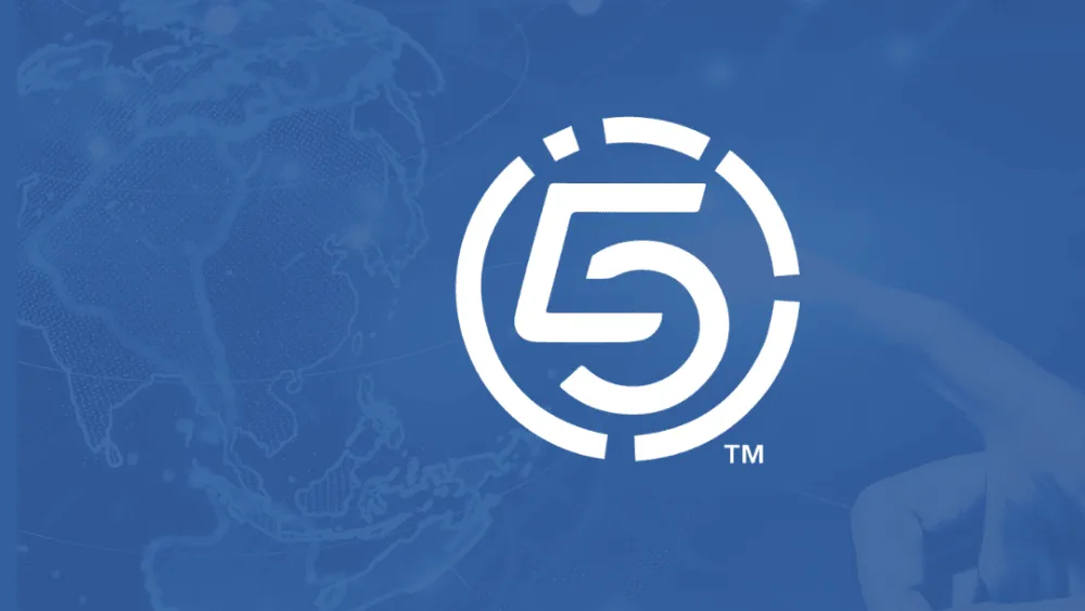 White circular number 5 logo on blue gradient background with faint world map overlay