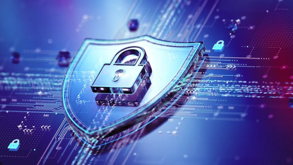 Digital security shield with padlock icon glowing in blue and purple cybersecurity background