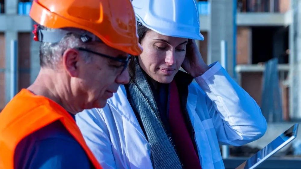 Two people wearing hard hats on a building site read about the 5 case business model on a tablet.
