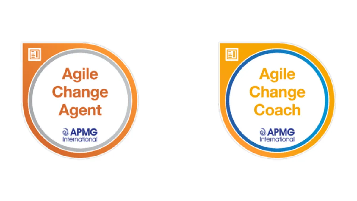 Two circular certification badges with orange and blue borders for Agile Change Agent and Agile Change Coach