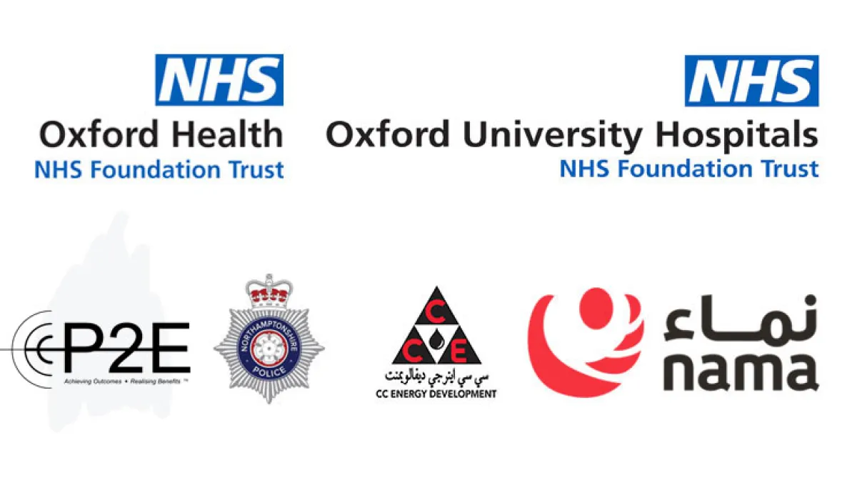 Logos of some of the clients trained by Raj Khanna Ltd - including Northamptonshire Police, Oxford University Hospitals NHS, CC Energy Development and P2E