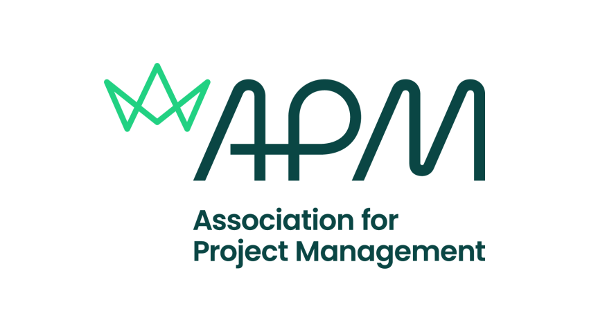 The letters APM in a stylish font with the Association for Project Management below and a lime green geometric design to the left